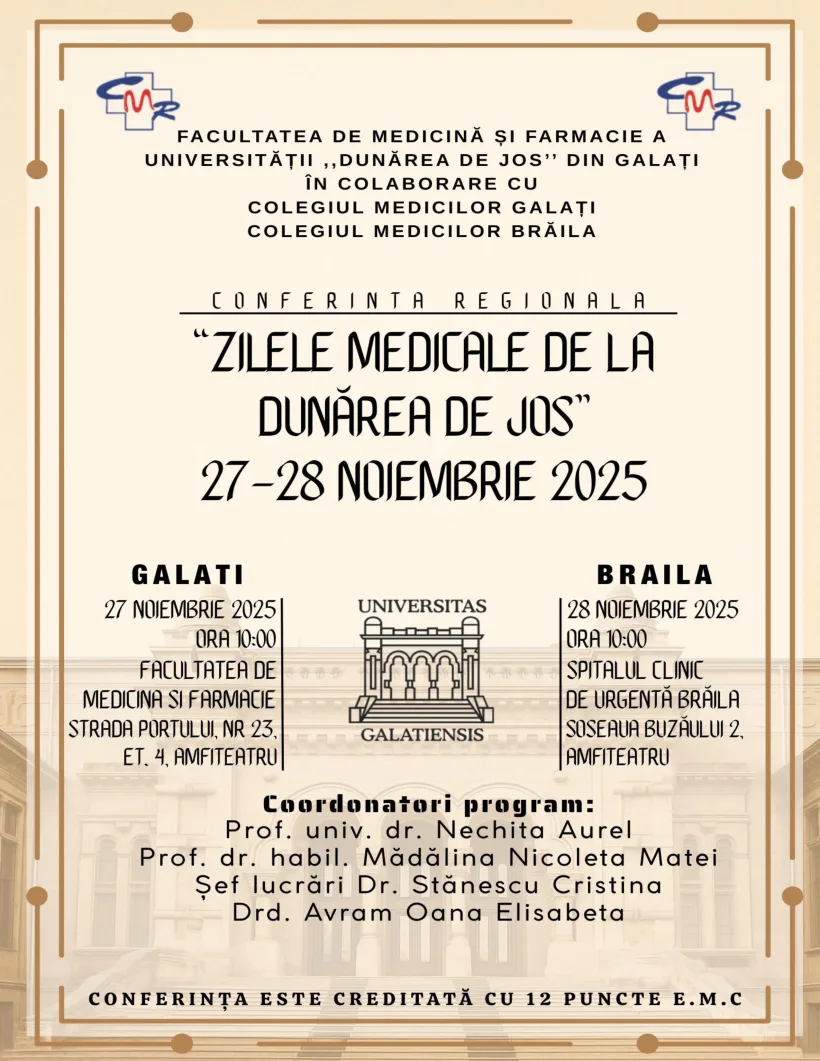 „Zilele Medicale de la Dunărea de Jos”, joi și vineri, în Galați și Brăila