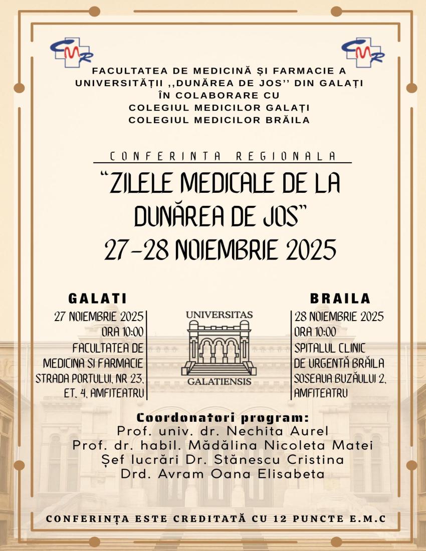 „Zilele Medicale de la Dunărea de Jos”, joi și vineri, în Galați și Brăila